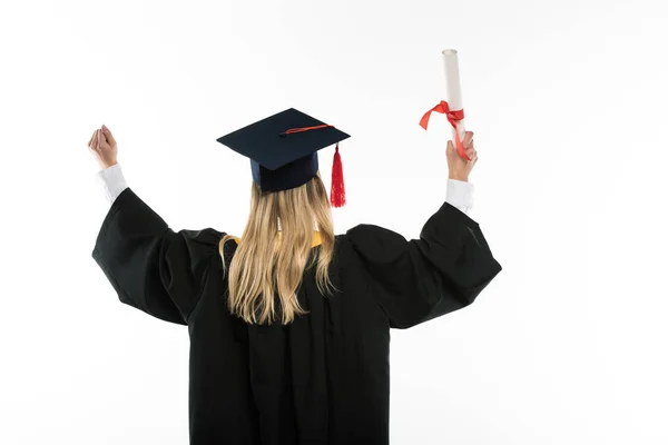 Vista Posteriore Dello Studente Possesso Diploma Isolato Bianco — Foto Stock