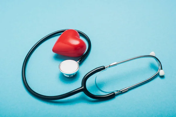 Decorative Red Heart Stethoscope Blue Background World Health Day Concept — Stock Photo, Image