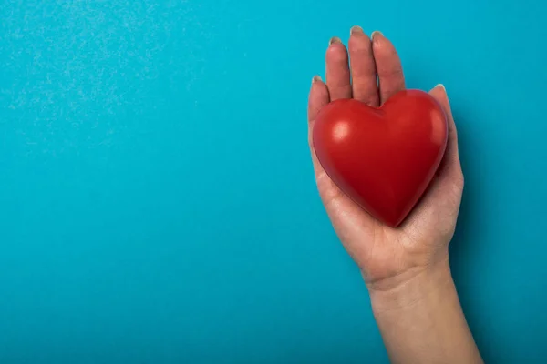 Top View Woman Holding Decorative Red Heart Blue Background World — Stock Photo, Image