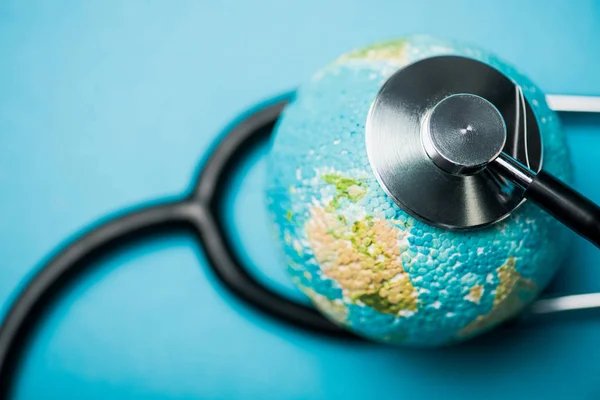 Selective Focus Stethoscope Connected Globe Blue Background World Health Day — Stock Photo, Image