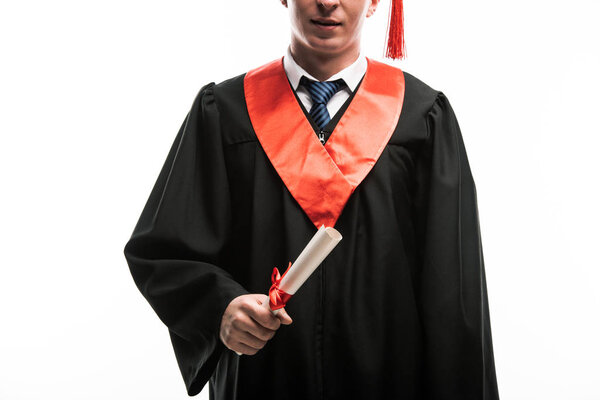 Front view of student with diploma isolated on white