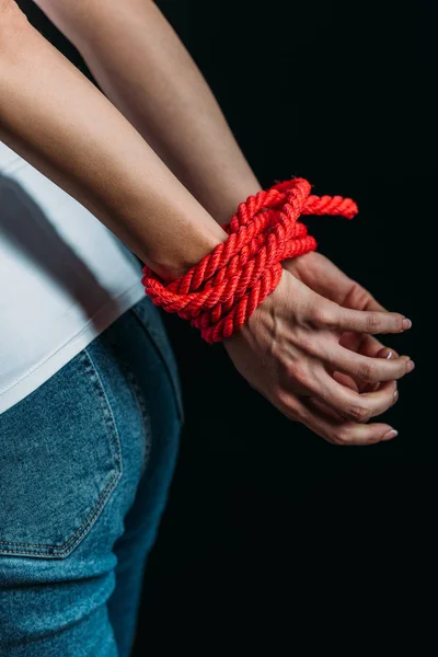 Partial View Woman Tied Hands Isolated Black — Stock Photo, Image