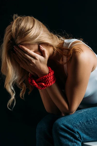 Woman Covering Face Tied Hands Isolated Black — Stock Photo, Image