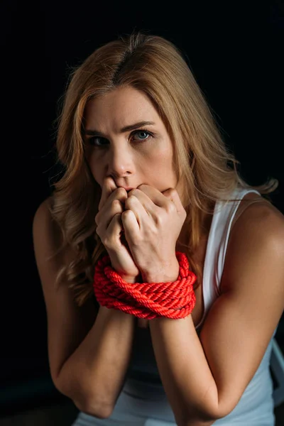 Scared Woman Tied Hands Looking Camera Isolated Black — Stock Photo, Image