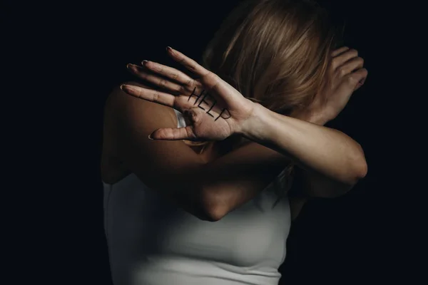 Victim Hiding Showing Palm Help Lettering Isolated Black — Stock Photo, Image