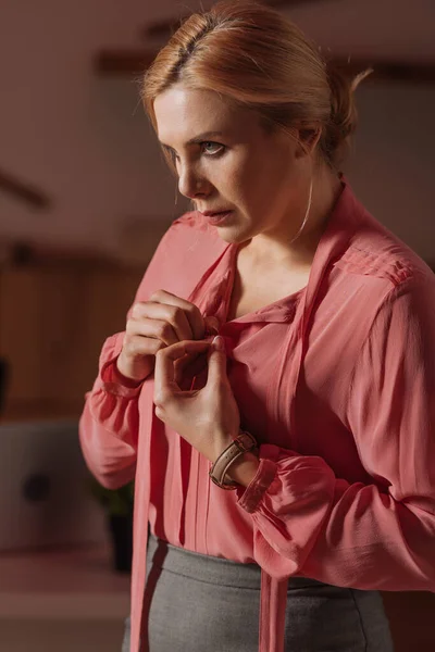 Selective Focus Victim Buttoning Pink Blouse Office Sexual Harassment Concept — Stock Photo, Image