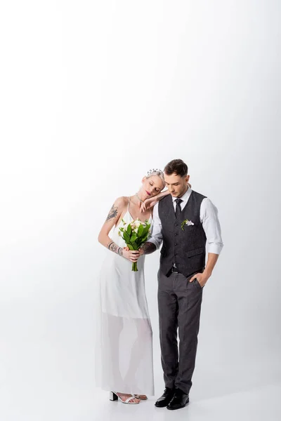 Beautiful Tattooed Bride Leaning Handsome Bridegroom White — Stock Photo, Image