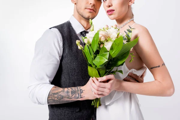 Cropped View Beautiful Tattooed Bride Bouquet Handsome Bridegroom Isolated White — Stock Photo, Image