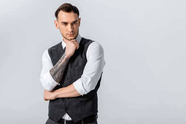 Pensive Handsome Tattooed Elegant Bridegroom Isolated Grey — Stock Photo, Image