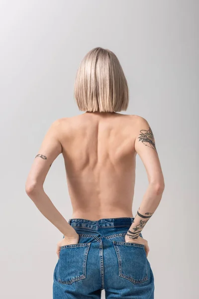 Back View Sexy Young Topless Tattooed Woman Posing Hands Pockets — Stock Photo, Image
