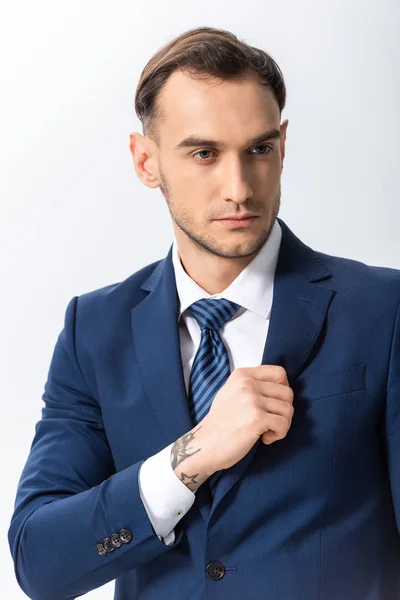 Successful Young Tattooed Businessman Blue Suit Isolated White — Stock Photo, Image