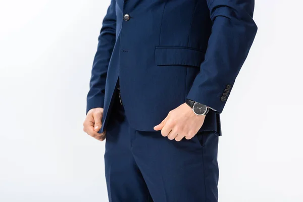 Cropped View Successful Young Businessman Blue Suit Isolated White — Stock Photo, Image