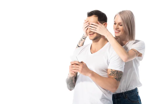 Smiling Young Tattooed Girl Covering Boyfriend Eyes While Man Using — Stock Photo, Image