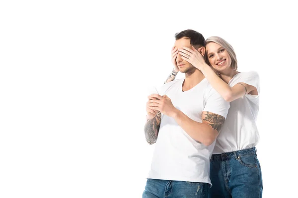 Smiling Young Tattooed Girl Covering Boyfriend Eyes While Man Using — Stock Photo, Image
