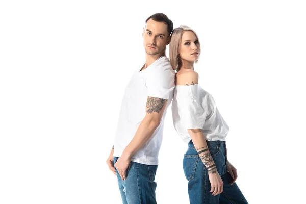 Young Tattooed Couple Standing Back Back Isolated White — Stock Photo, Image