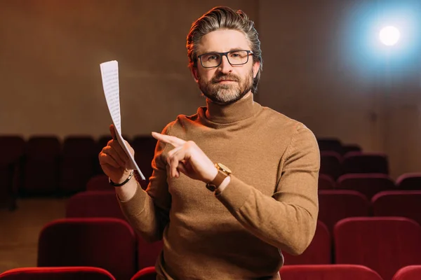Emotional Mature Stage Director Pointing Scenario Theater — Stock Photo, Image