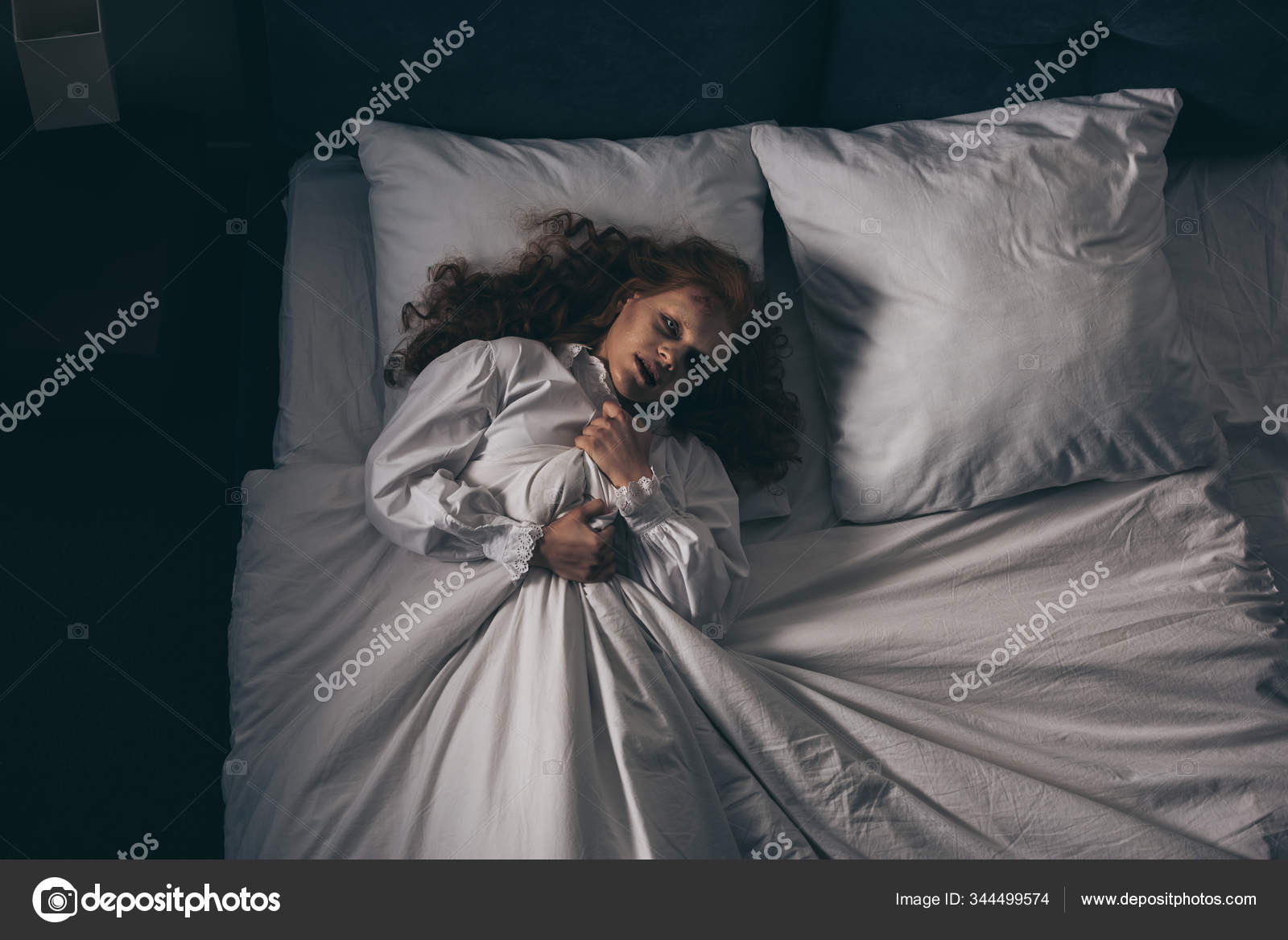 Top View Paranormal Gothic Girl Nightgown Lying Bed — Stock Photo ...