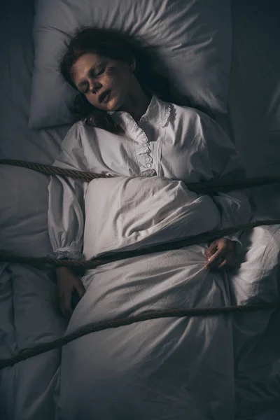 Demonic Obsessed Sleeping Girl Nightgown Bound Rope Bed — Stock Photo, Image