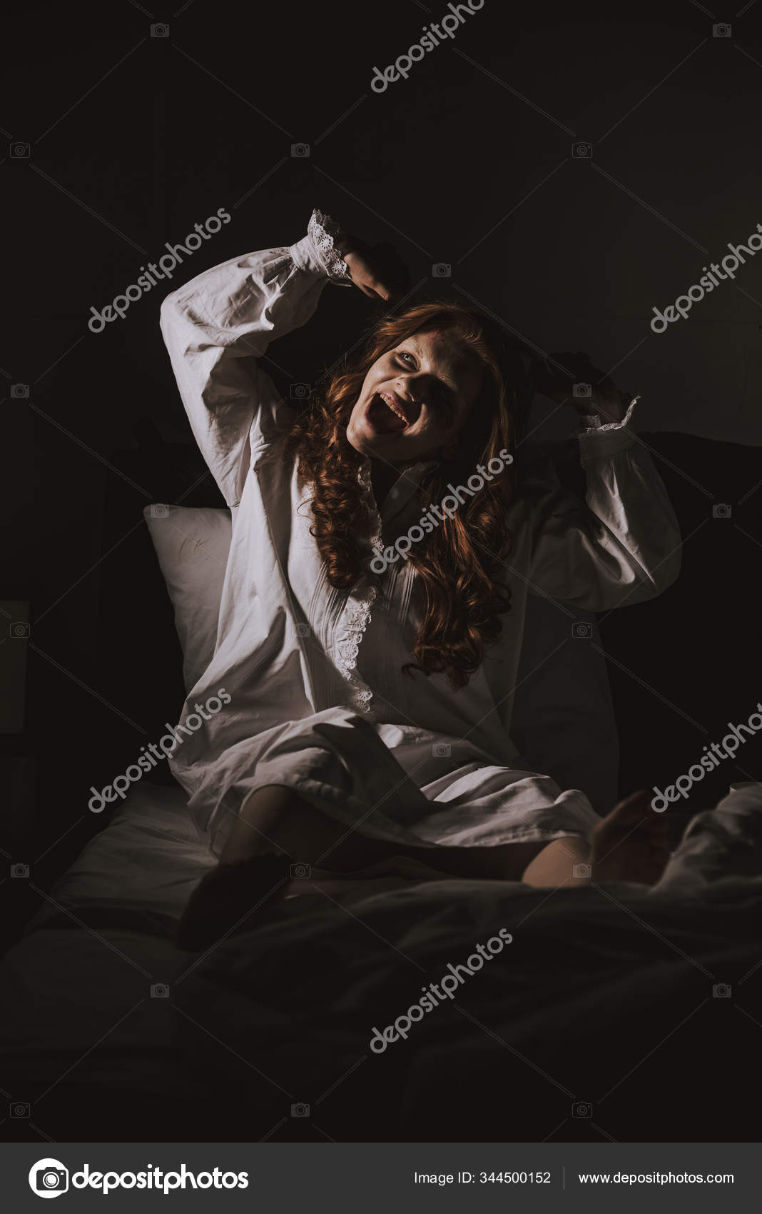 Paranormal Creepy Girl Nightgown Shouting Bed Stock Photo by ...