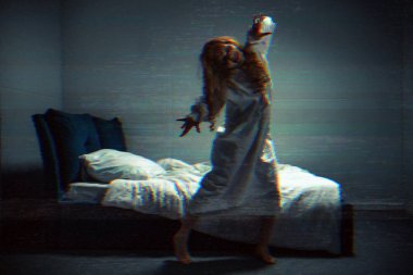 selective focus of obsessed creepy girl in nightgown shouting in bedroom clipart