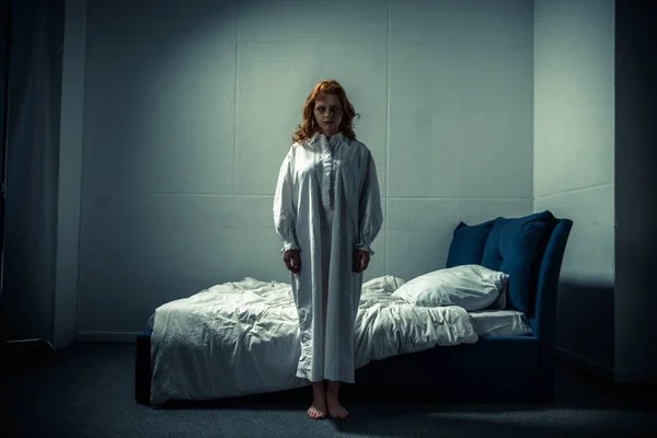 Creepy Female Demon Nightgown Standing Bedroom — Stock Photo, Image