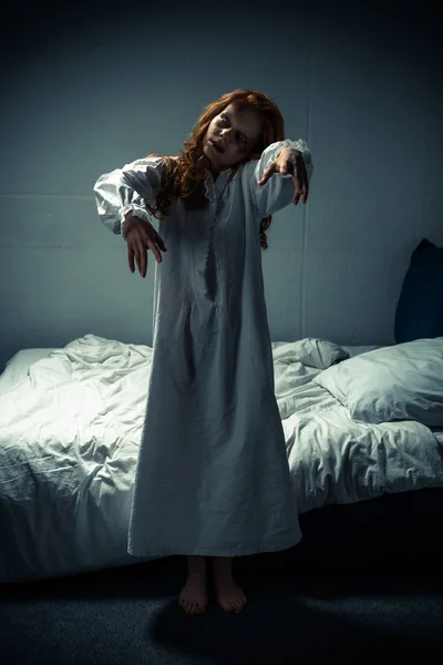 Creepy Demonic Woman Nightgown Standing Bedroom — Stock Photo, Image