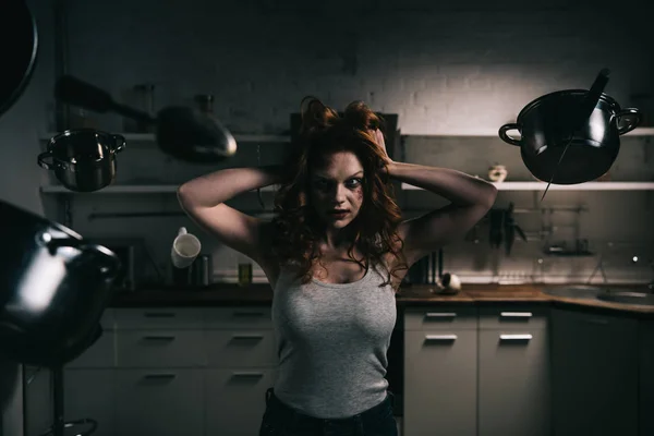 Demonic Woman Levitating Kitchenware Kitchen — Stock Photo, Image