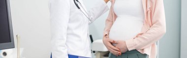 panoramic shot of pregnant woman having consultation with doctor in gynecological clinic clipart