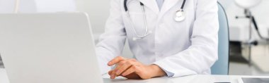 Klinikte dizüstü bilgisayarla çalışan profesyonel kadın doktorların panoramik görüntüleri.  