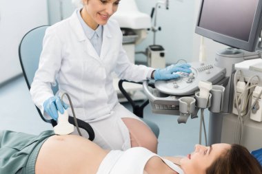 professional doctor examining belly of pregnant woman with ultrasound scan in clinic clipart