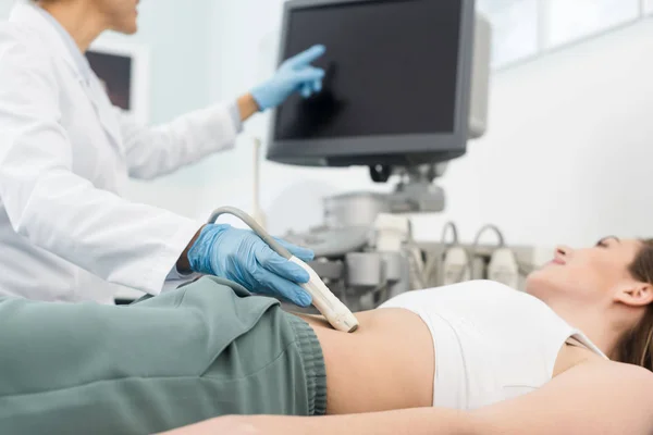 Cropped View Doctor Making Ultrasound Scan Stomach Pointing Blank Screen — Stock Photo, Image