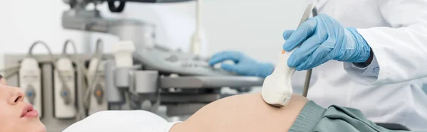 Panoramic Shot Professional Doctor Examining Belly Pregnant Woman Ultrasound Scan — Stock Photo, Image