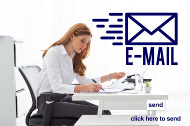 Side view of businesswoman working with papers and charts at office table, e-mail illustration clipart