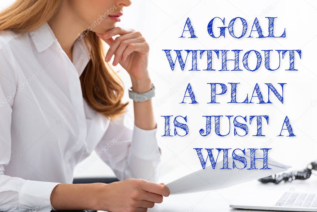 Cropped view of businesswoman with hand near chin holding dossier at table, a goal without a plan is just a wish illustration