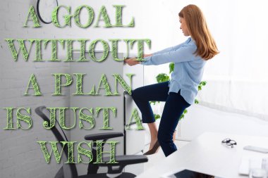 Side view of businesswoman trying to opening cabinet driver near table in office, a goal without a plan is just a wish illustration clipart