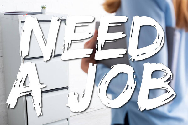 Selective focus of cabinet driver and businesswoman holding paper folder in office, need a job illustration