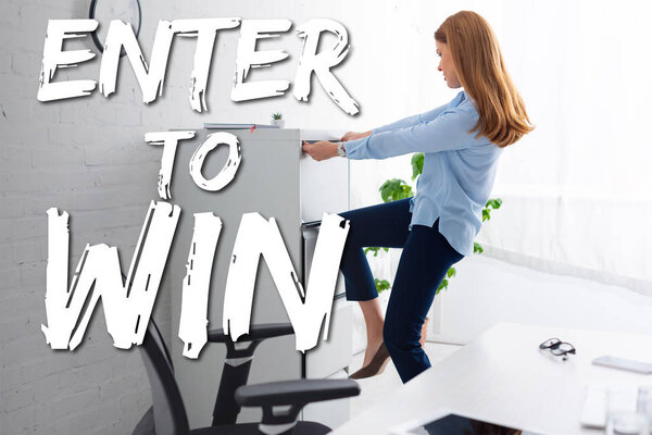 Side view of businesswoman trying to opening cabinet driver near table in office, enter to win illustration