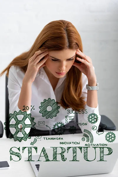Pensive Businesswoman Hands Head Looking Laptop Table Startup Illustration — Stock fotografie