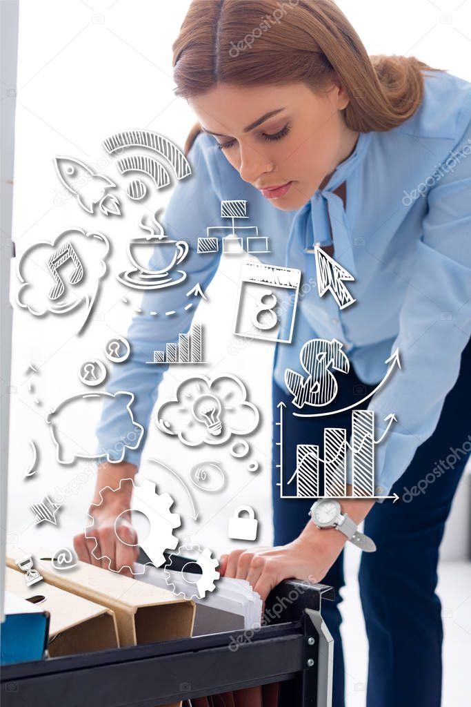 Attractive businesswoman searching folder with dossier from cabinet driver on white background, business illustration