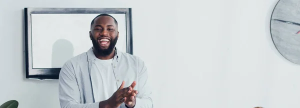 Panoramic Shot Smiling African American Businessman Clapping Looking Camera — Stock Photo, Image