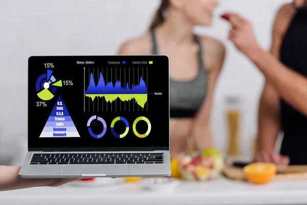 Selective Focus Laptop Charts Graphs Numbers Couple Kitchen — Stock Photo, Image