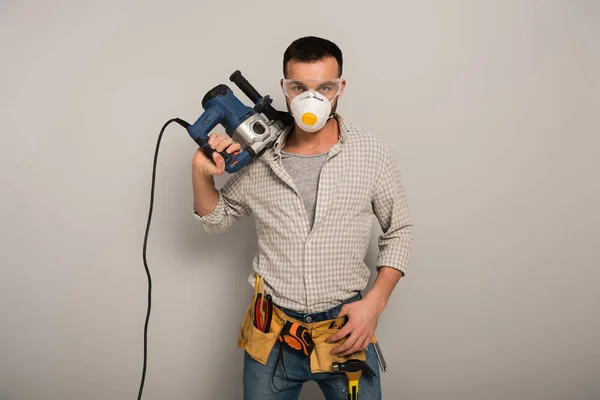 Confident Manual Worker Safety Mask Holding Electric Drill Grey — Stock Photo, Image
