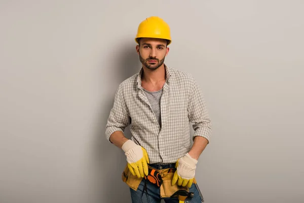 Confident Worker Helmet Gloves Tool Belt Grey — Stock Photo, Image