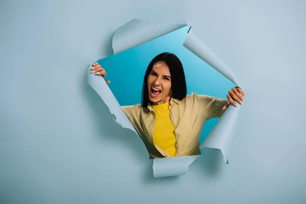Angry Workwoman Dirty Face Paint Yelling Torn Paper Isolated Blue — Stock Photo, Image