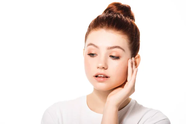 Beautiful Female Teenager Touching Face Clean Skin Isolated White — Stock Photo, Image