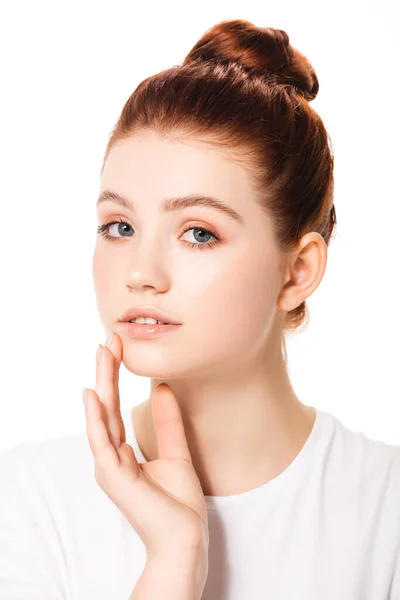 Female Teenager Touching Face Clean Skin Isolated White — Stock Photo, Image