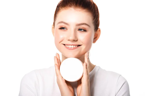 Beautiful Smiling Teenager Holding Plastic Container Cosmetic Cream Isolated White — Stock Photo, Image