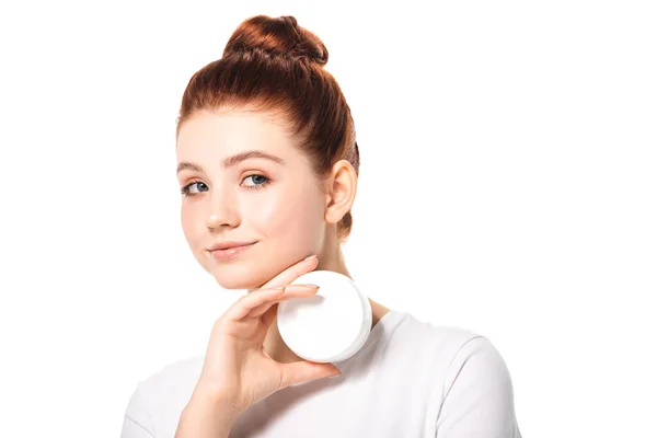 Menina Adolescente Com Pele Perfeita Segurando Recipiente Plástico Com Creme — Fotografia de Stock