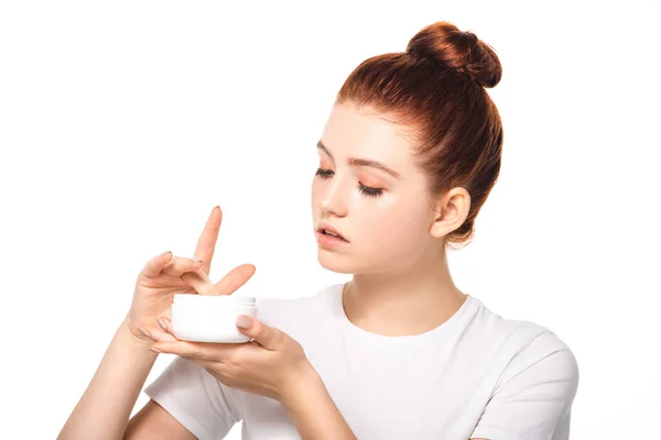 Attractive Teen Girl Perfect Skin Holding Plastic Container Cosmetic Cream — Stock Photo, Image