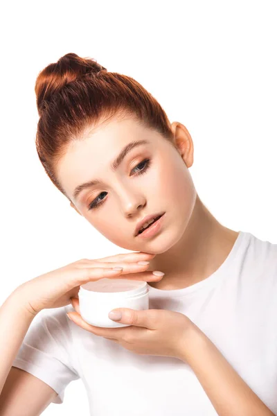 Bela Adolescente Com Pele Perfeita Segurando Recipiente Plástico Com Creme — Fotografia de Stock